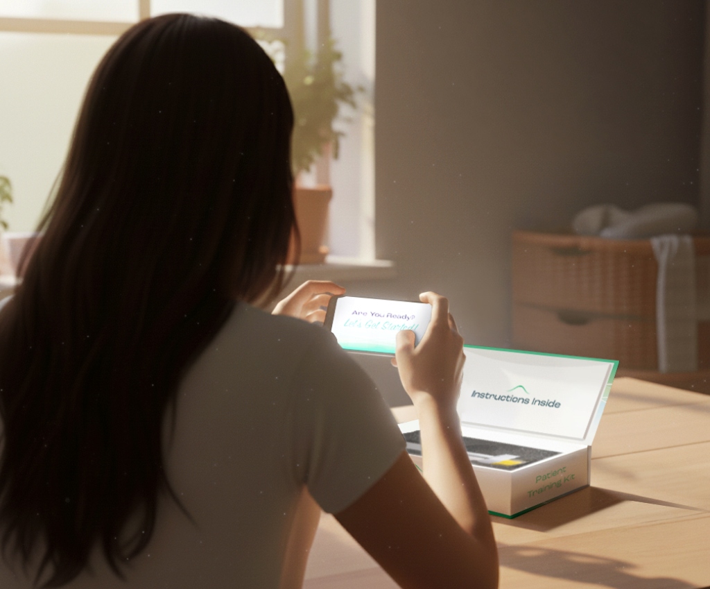 woman with phone with training instructions for training device